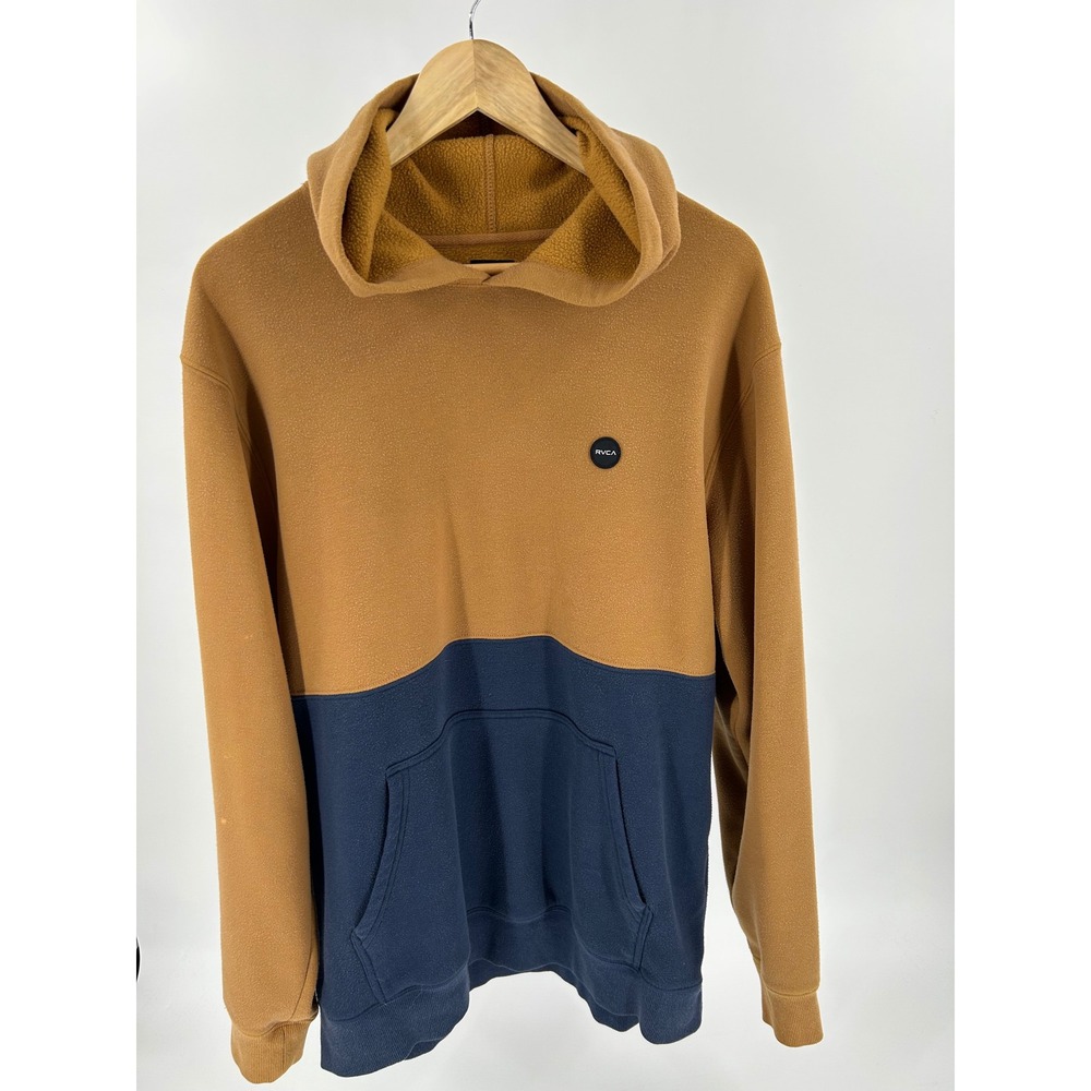 RVCA Mens Fleece Hoodie Brown Navy Blue Color Block Pullover Sweatshirt XL